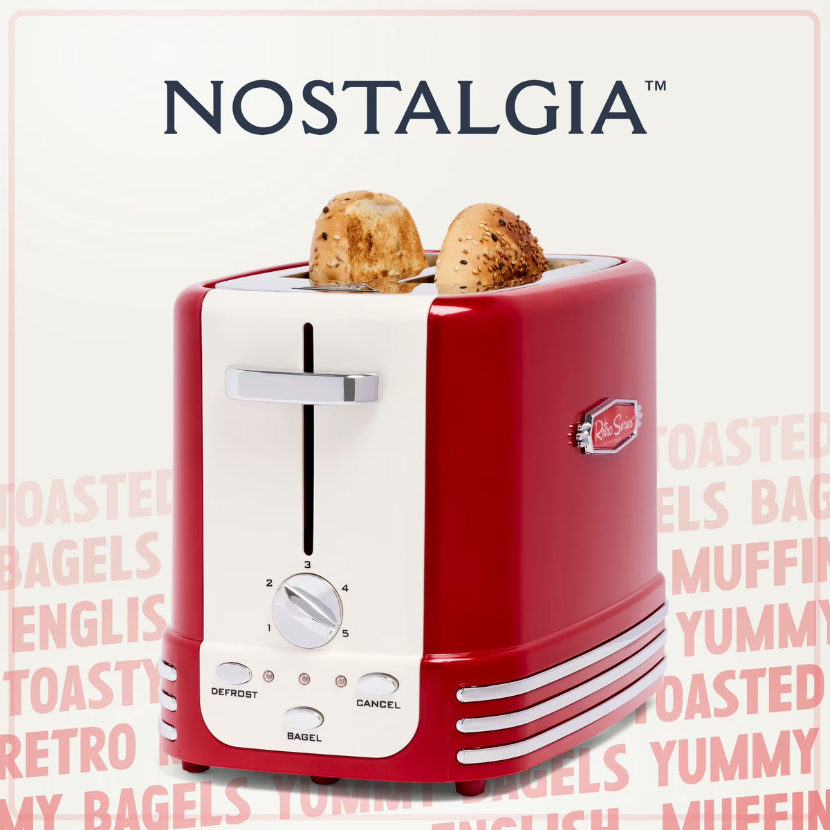 Retro 2 Slice Toaster, Vintage Toaster Oven for Bagels and Thick Bread, Red