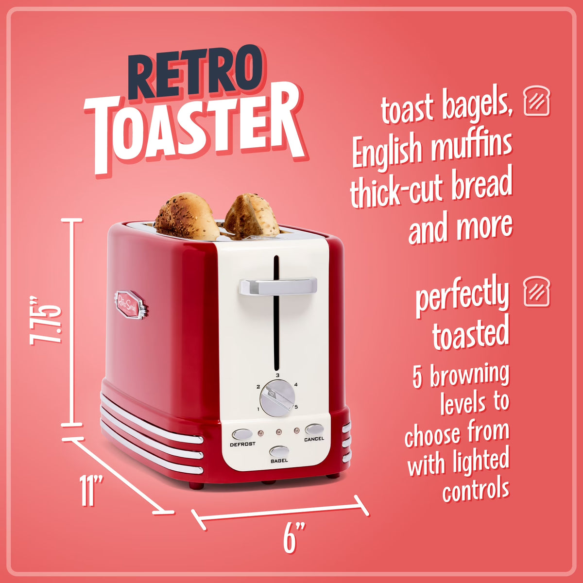 Retro 2 Slice Toaster, Vintage Toaster Oven for Bagels and Thick Bread, Red