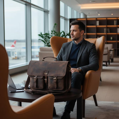 Vintage Leather Messenger Bag for Men & Women, Multi-Pocket Briefcase Satchel, Laptop Shoulder Bag