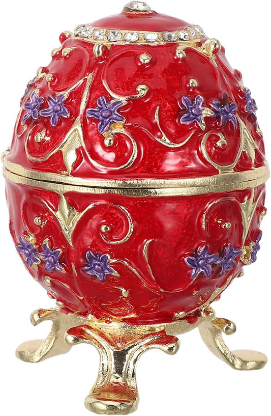 Russian Egg Trinket Box Zinc Alloy Hinged Jewelry Storage Box Hand Painted Enamel, Egg Shaped Tabletop Decor, Red Vintage Accent for Living Room Display