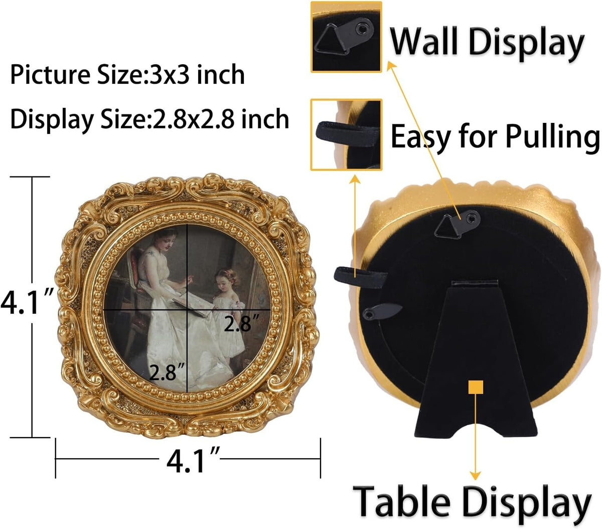 Small Vintage 3X3 round Picture Frame Mini Antique Ornate Circle Photo Frame New