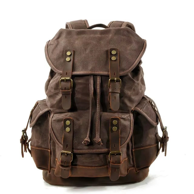 Vintage Canvas Backpacks for Men Laptop Daypacks Waterproof Rucksacks Large Waxed Mountaineering Travel Pack Vintage Backpack