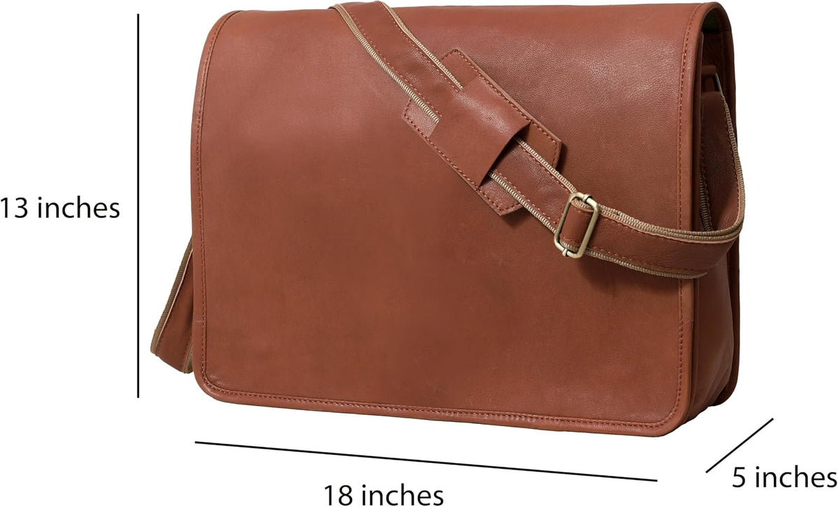 18 Inch Leather Full Flap Messenger Handmade Bag Laptop Bag Satchel Bag Padded Messenger Bag School Brown (Brown)