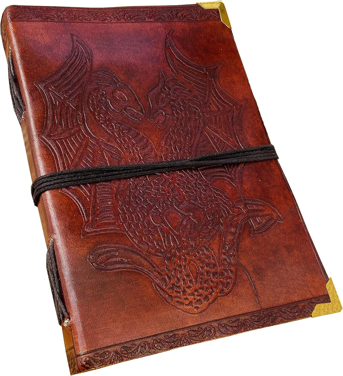DOUBLE DRAGON Blank Page BOOK Handcrafted Leather Writing Unlined 5 X 7 JOURNAL (Brown Golden Corner)