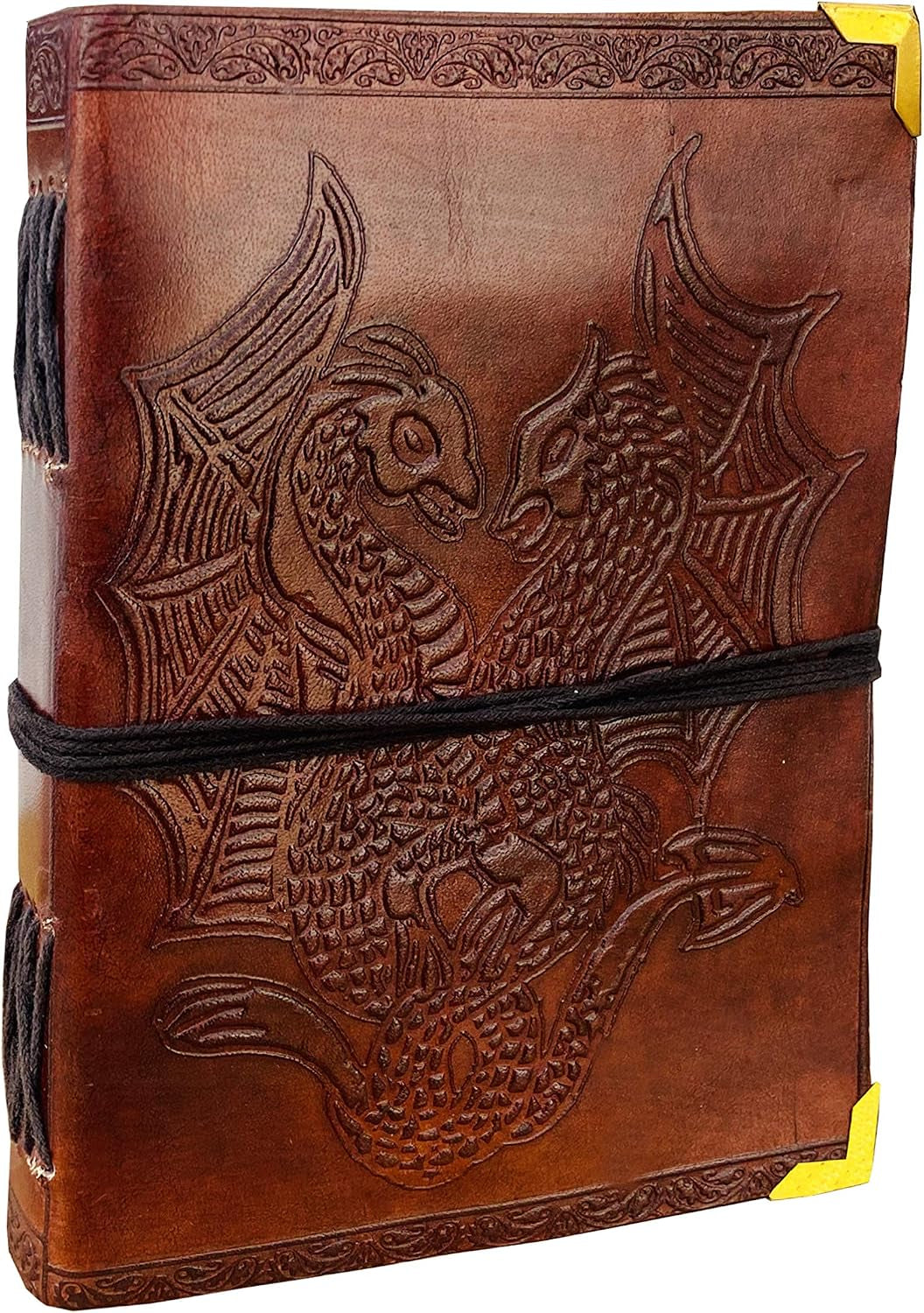 DOUBLE DRAGON Blank Page BOOK Handcrafted Leather Writing Unlined 5 X 7 JOURNAL (Brown Golden Corner)