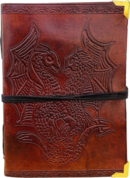 DOUBLE DRAGON Blank Page BOOK Handcrafted Leather Writing Unlined 5 X 7 JOURNAL (Brown Golden Corner)