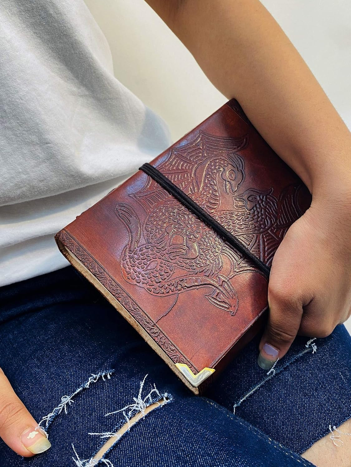 DOUBLE DRAGON Blank Page BOOK Handcrafted Leather Writing Unlined 5 X 7 JOURNAL (Brown Golden Corner)