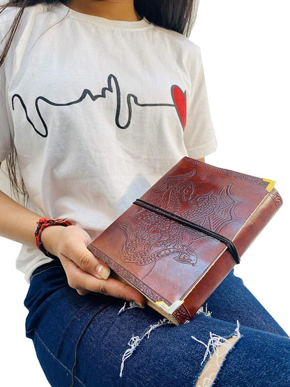 DOUBLE DRAGON Blank Page BOOK Handcrafted Leather Writing Unlined 5 X 7 JOURNAL (Brown Golden Corner)