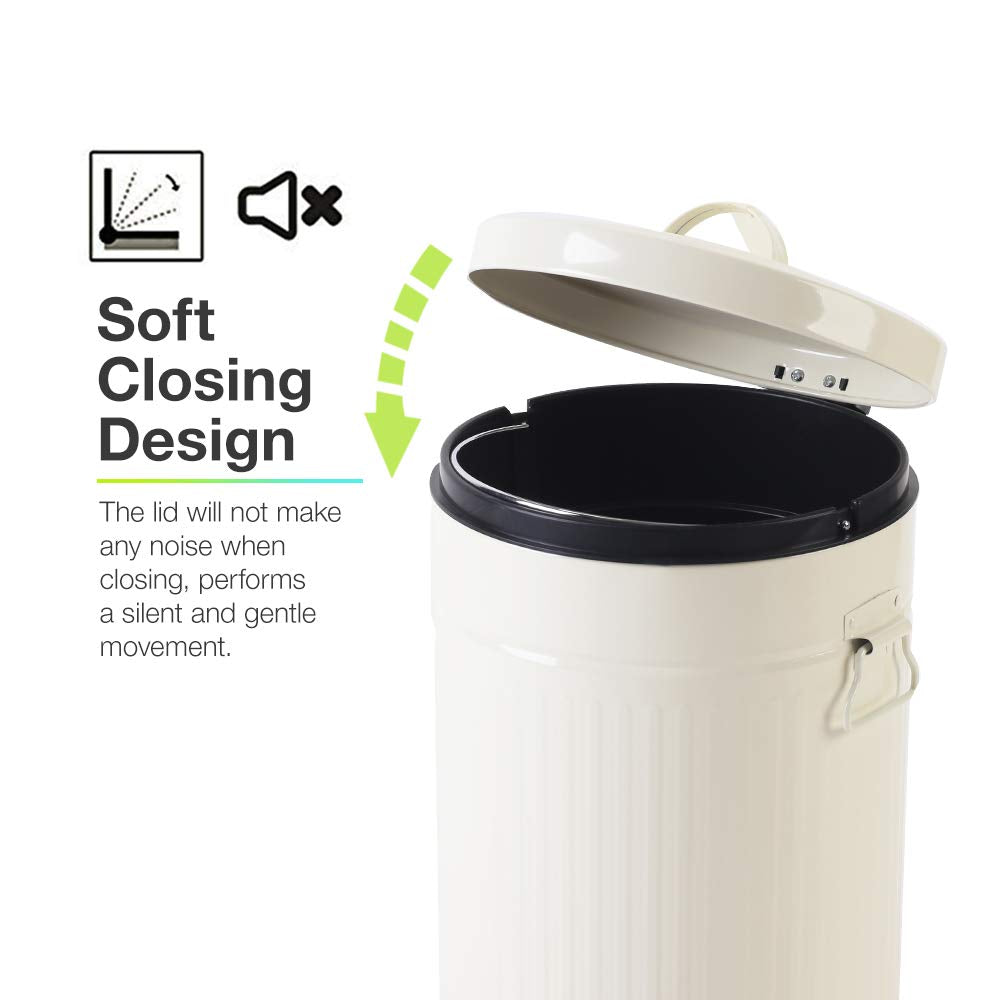 White Trash Can with Lid, Bathroom Bedroom Waste Basket Soft Close, Small White Garbage Can, Retro Vintage Home Office Trash Can, 12 Liter/3 Gallon, Glossy Cream White