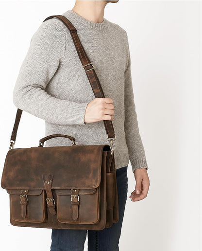 Vintage Leather Messenger Bag for Men & Women, Multi-Pocket Briefcase Satchel, Laptop Shoulder Bag