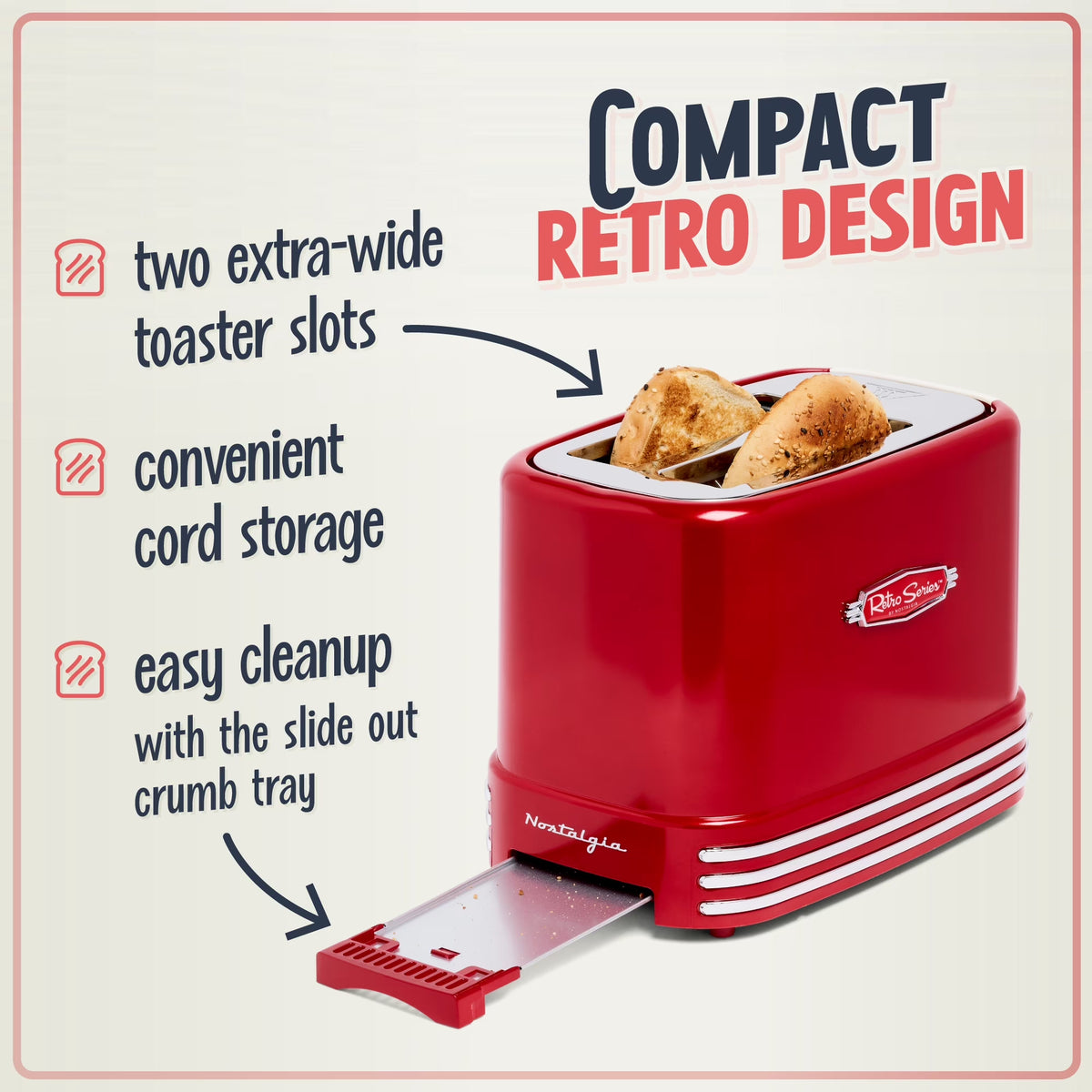 Retro 2 Slice Toaster, Vintage Toaster Oven for Bagels and Thick Bread, Red