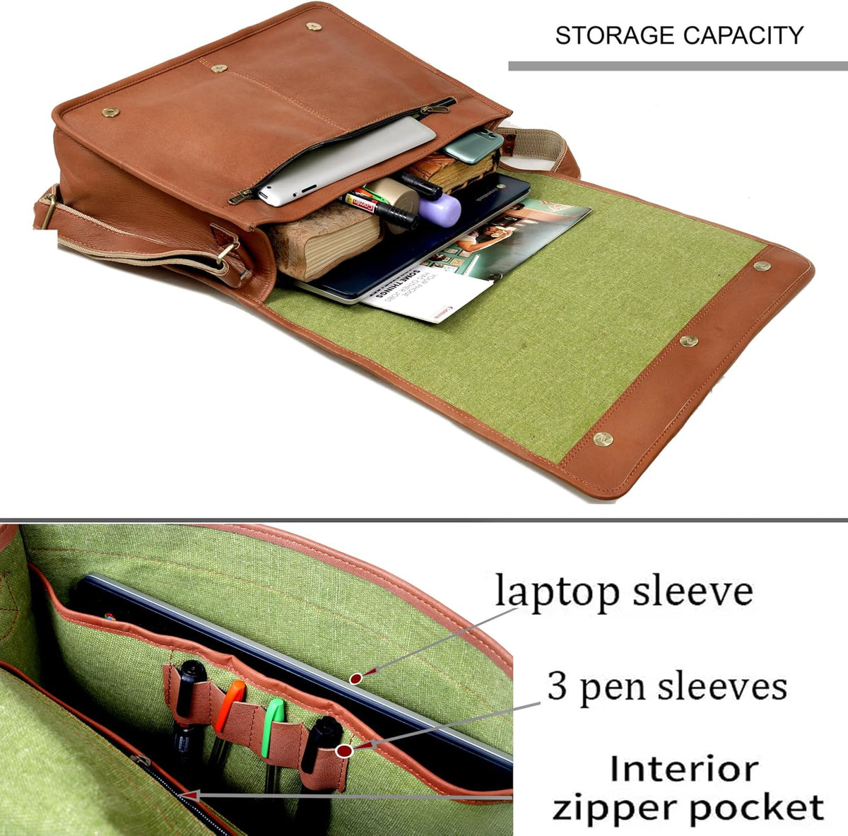 18 Inch Leather Full Flap Messenger Handmade Bag Laptop Bag Satchel Bag Padded Messenger Bag School Brown (Brown)