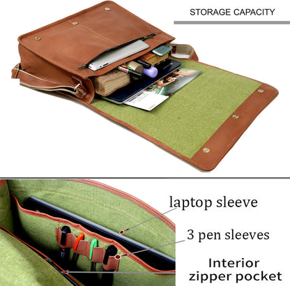 18 Inch Leather Full Flap Messenger Handmade Bag Laptop Bag Satchel Bag Padded Messenger Bag School Brown (Brown)